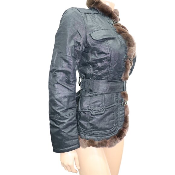 Sleek Stylish Italian We Are Replay Italian Fitted Coat Fur Trim Small - Picture 4 of 5